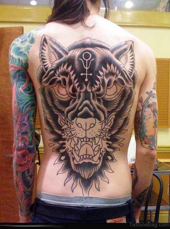 Cool Alpha Wolf Tattoo Design On Full Back