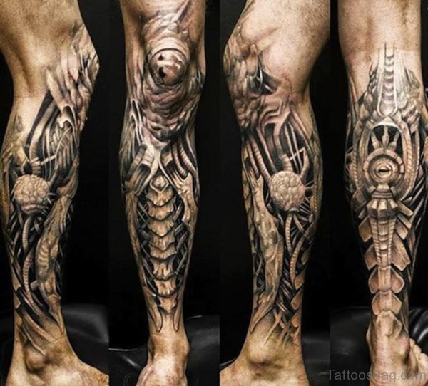 Cool Bio Mechanical Tattoo On Leg 