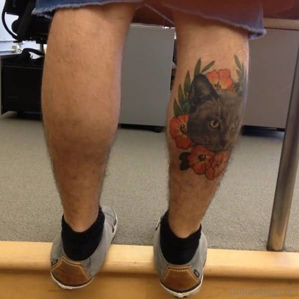 Cool Cat Head Tattoo On Men Leg