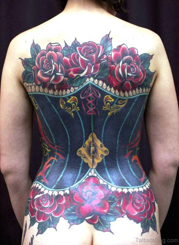 Corset With Roses Tattoo On Full Back