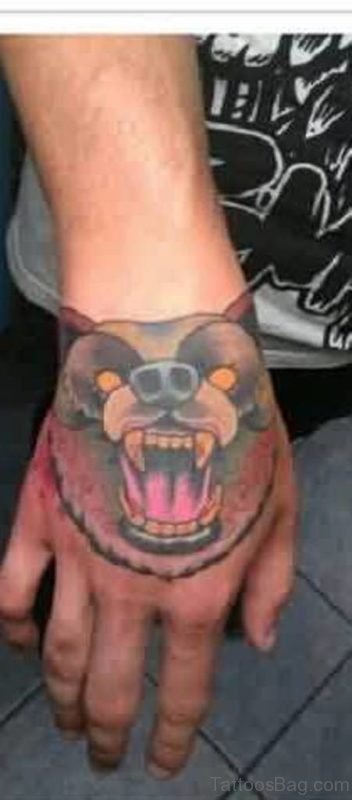 Crawling Bear Face Tattoo On Hand