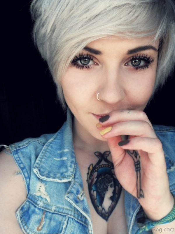 Crazy Grey Ink Girl Portrait Tattoo On Chest 