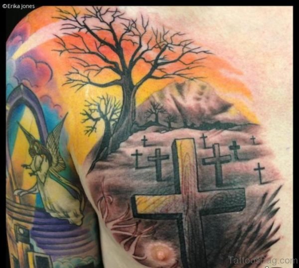 Cross And Tree Tattoo