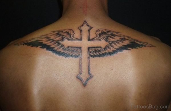 Cross And Wings Tattoo On Back 