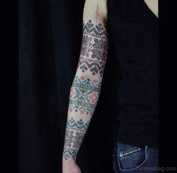 Cross Stitch Tattoo Design On Full Sleeve 