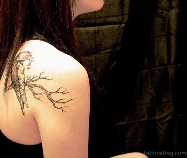 Crow On Tree Tattoo On Back Shoulder