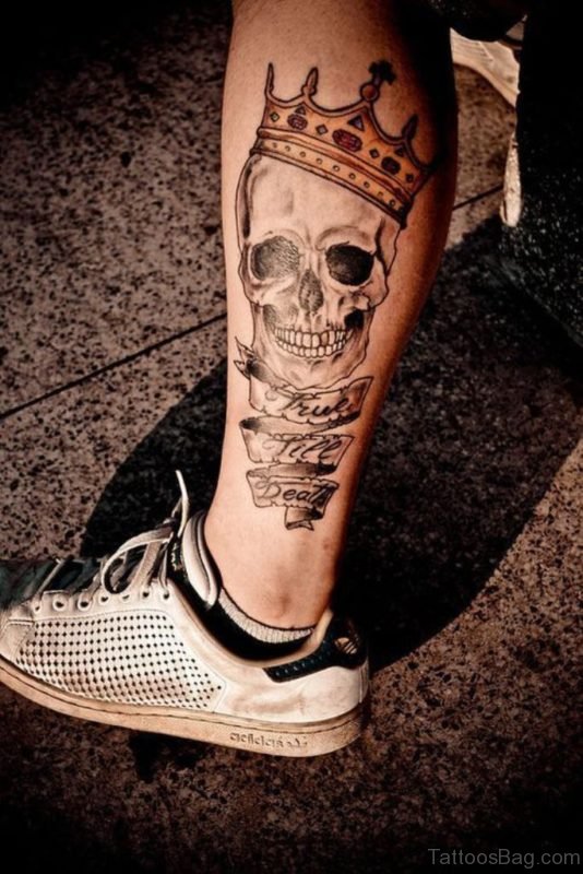 Crowned Skull Tattoo On Leg 