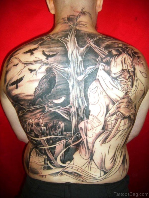 Crows With Tree Tattoo On Back