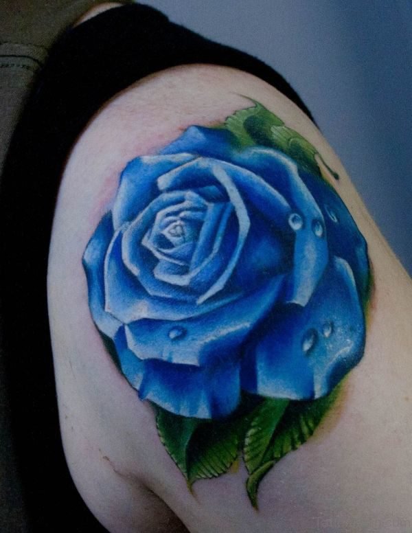 Cute Blue Rose Tattoo On Shoulder