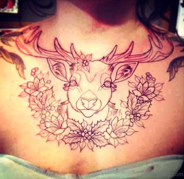 Cute Buck Tattoo With Flowers