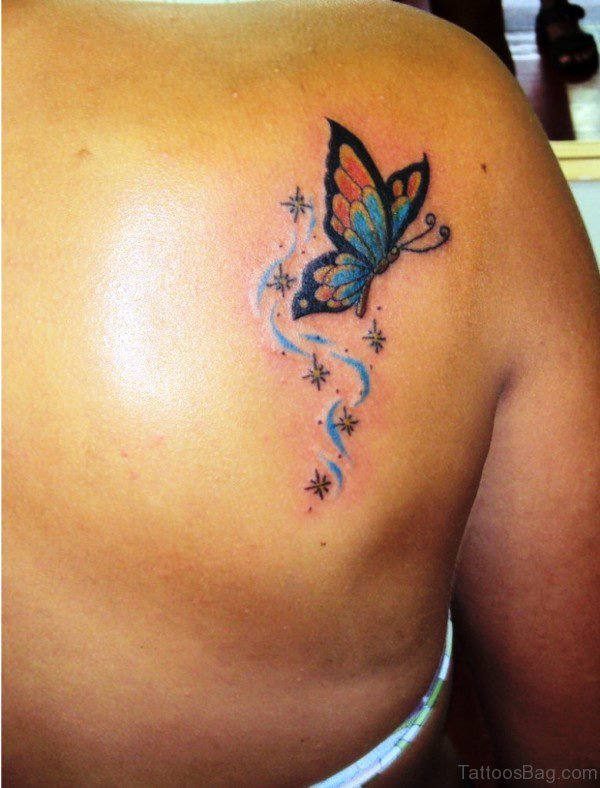 Cute Butterfly Tattoo On Back Shoulder