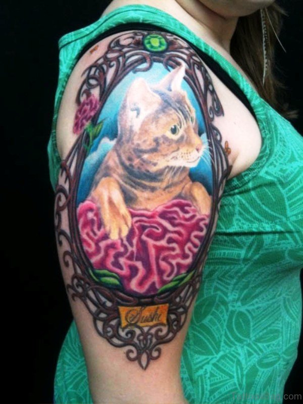 Cute Cat Tattoo On Shoulder