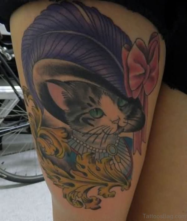 Cute Cat Tattoo On Thigh