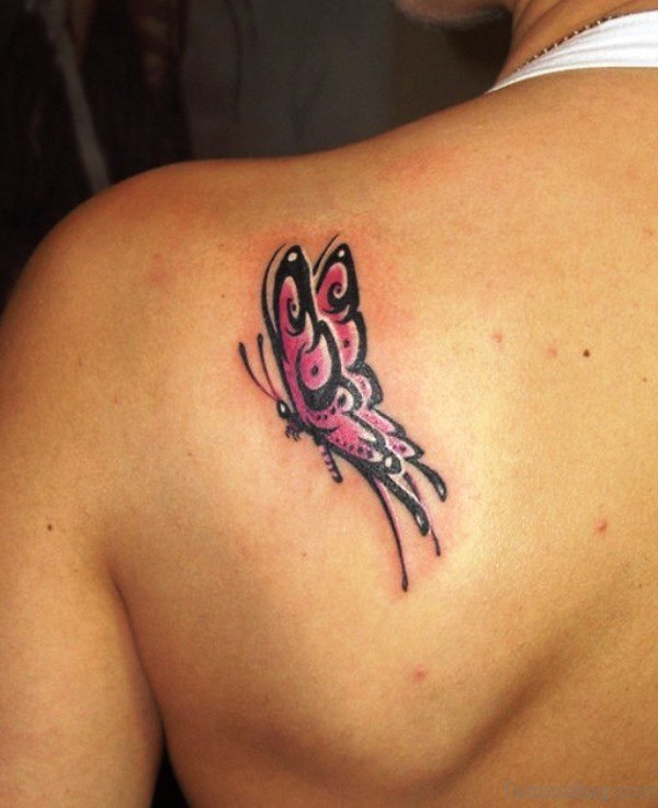 Cute Pink Butterfly Tattoo On Shoulder