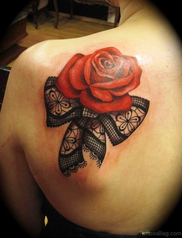 Cute Rose Tattoo On Back Shoulder