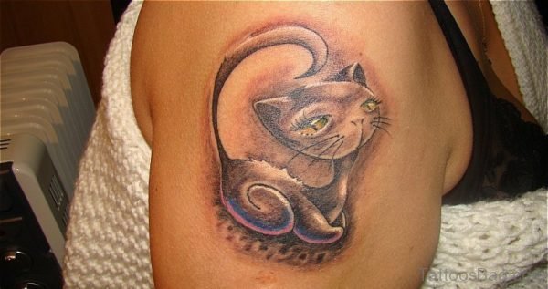 Cute Sitting Cat Tattoo On Shoulder