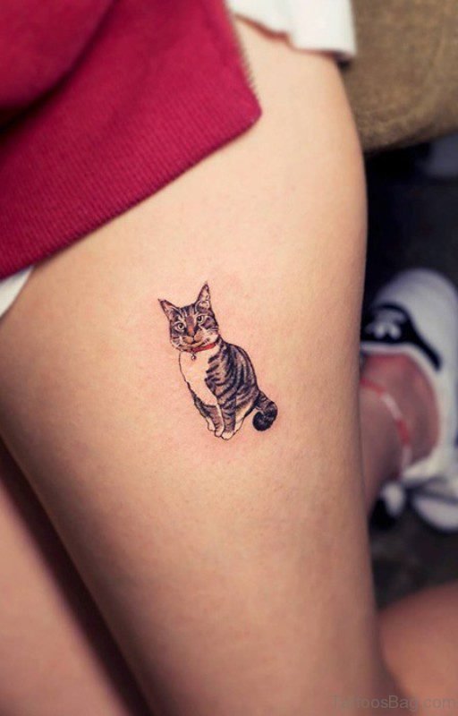 Cute Small Cat Tattoo On THigh