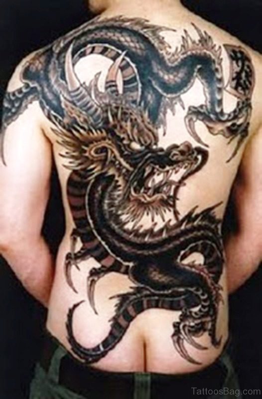 Dangerous Black Dragon Tattoo On Back