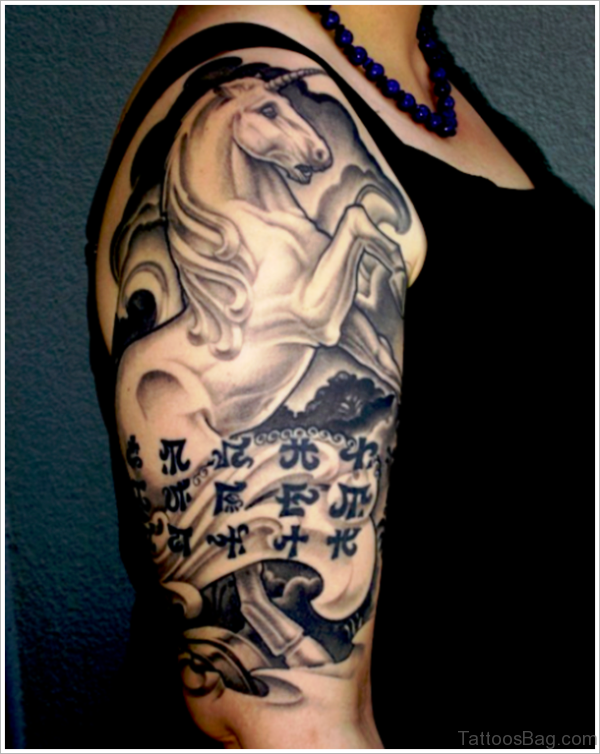 Dark Grey Unicorn Tattoo On Shoulder