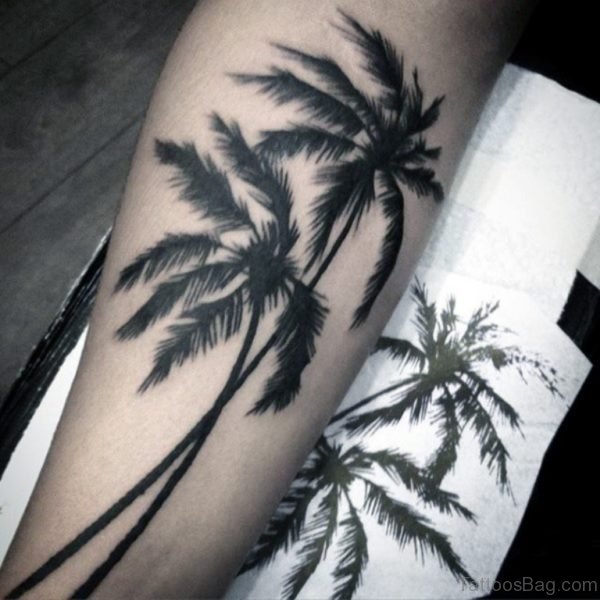 Dark Tall Palm Tree Tattoo For Men On Leg