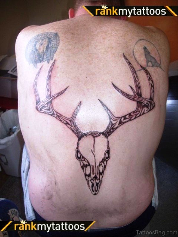 Deer Skull With Horns Tattoo On Back