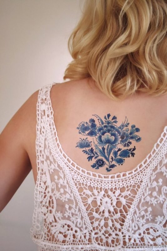 Delfts Blauw Flower Tattoo On Back 