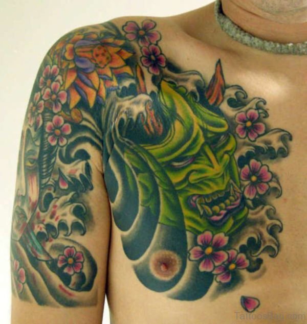 Demon Mask n Flowers Tattoo On Chest