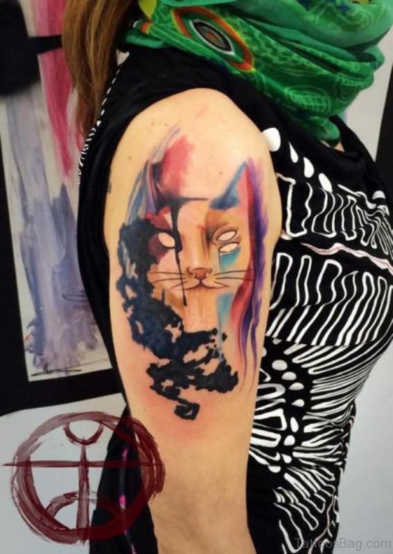Designer Cat Tattoo On Right Shoulder