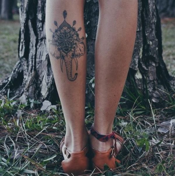 Designer Elephant Head Tattoo On Leg