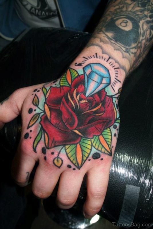 Diamond n Rose Hand Tattoo