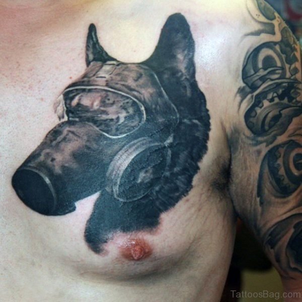 Dog Wearing Gas Mask Mens Tattoo On Upper Chest