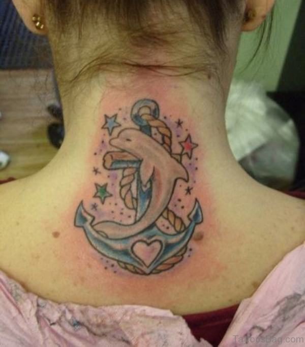 Dolphin And Anchor Tattoo On Nape