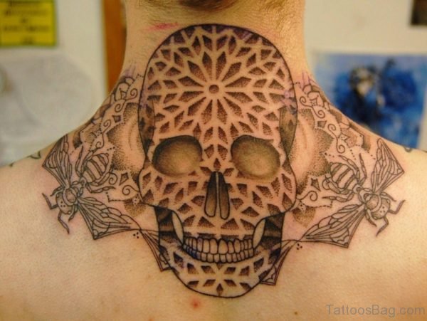 Dotwork Skull Tattoo On Upperback