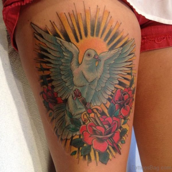 Dove And Rose Tattoo On Thigh
