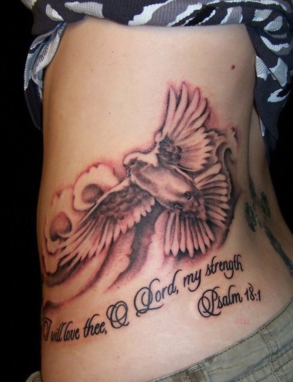 Dove And Wording Tattoo Design On Rib