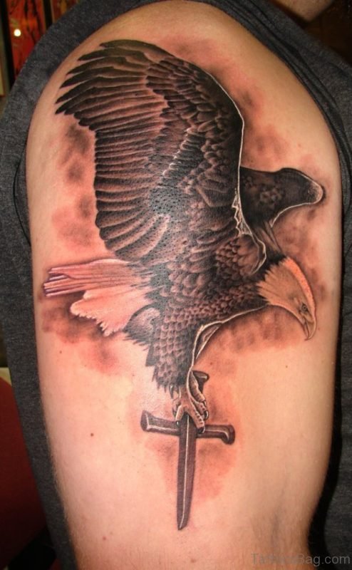 Eagle And Cross Tattoo On Shoulder 