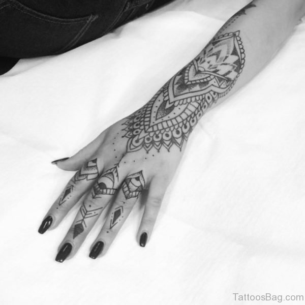 Elegant Black Ink Geometric Tattoo On Left Hand