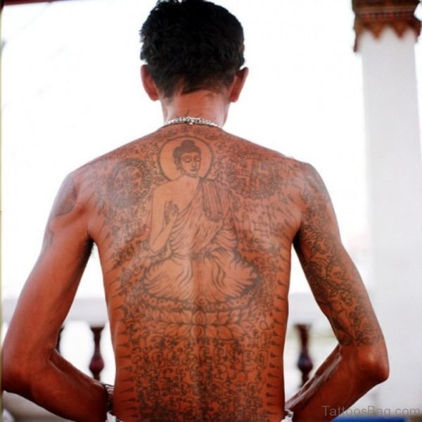 Elegant Buddhist Tattoo On Full Back Body 