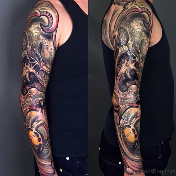 Elegant Mechanical Tattoo On Full Sleeve 