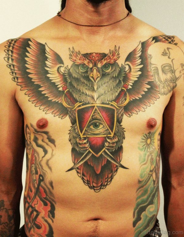 Elegant Owl Tattoo On Chest 