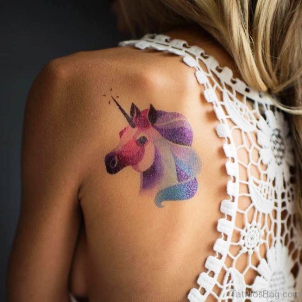 Elegant Unicorn Tattoo On Back Shoulder