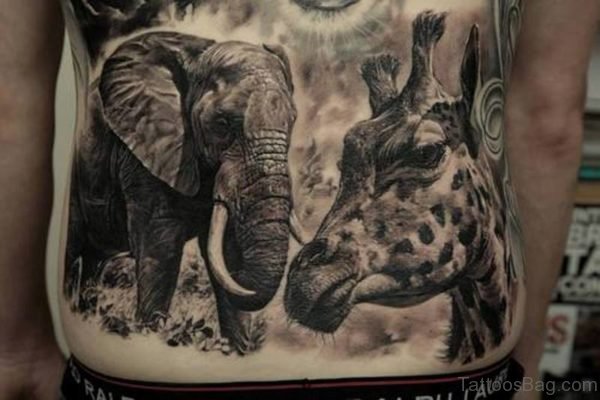 Elephant And Giraffe Tattoo On Back