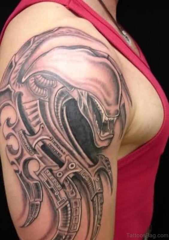 Evil Alien Tattoo On Shoulder