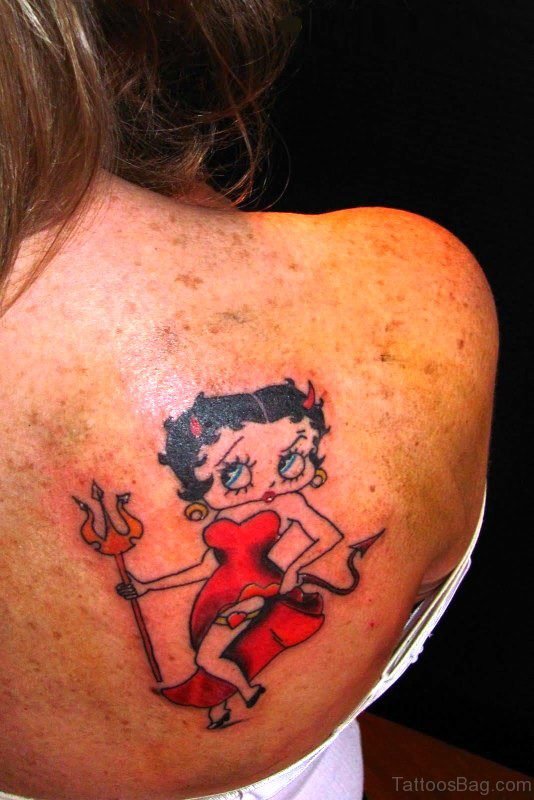 Evil Lady Cartoon Tattoo On Back Shoulder