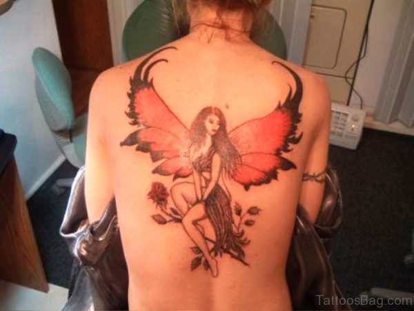 Fairy With Red Wings Tattoo On Back