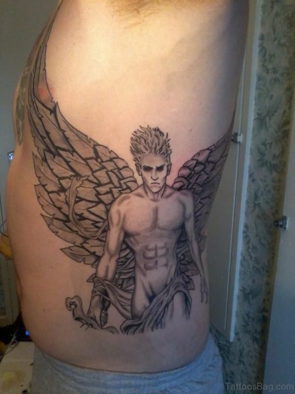 Fancy Angel Tattoo On Rib 