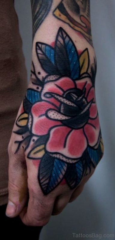 Fancy Red Flower Tattoo On Hand