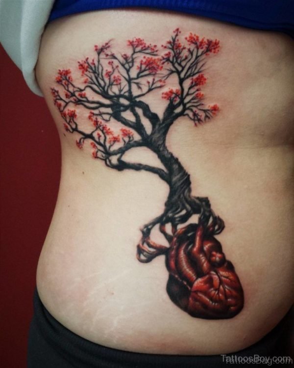 Fancy Tree Tattoo On Rib