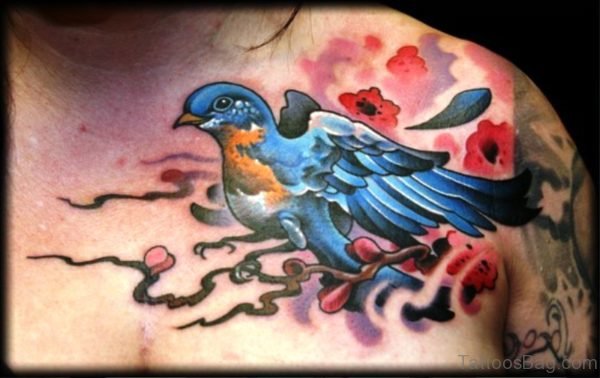Fantastic Blue Bird Tattoo On Chest 