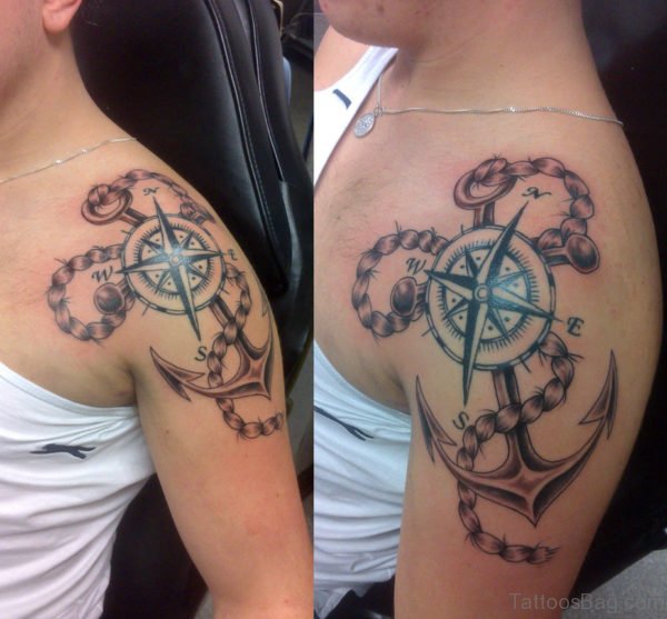 Fantastic Compass Tattoo Design On Shoulder